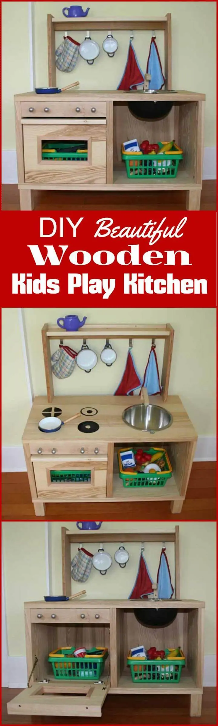 Los niños de madera caseros juegan en la cocina.